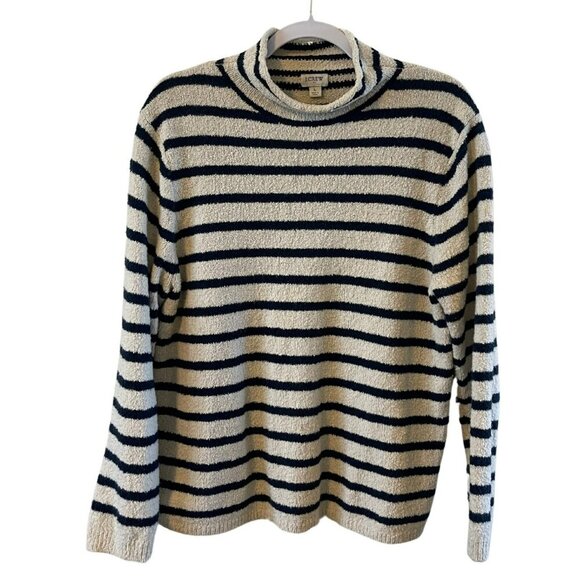 J Crew Womens L Sweater Ivory/Navy Blue Knit Striped Mock Neck Pull Over - Picture 1 of 4